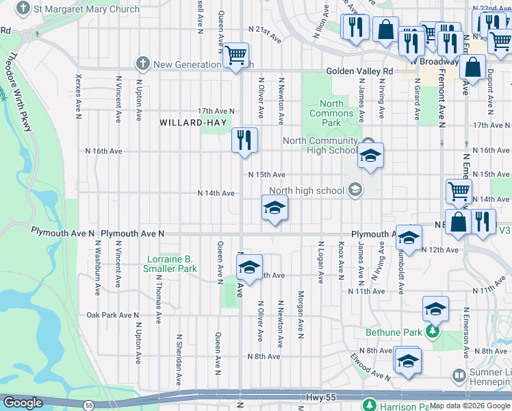 map of restaurants, bars, coffee shops, grocery stores, and more near 1331 North Oliver Avenue in Minneapolis