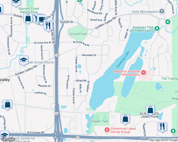 map of restaurants, bars, coffee shops, grocery stores, and more near 1330 Angelo Drive in Minneapolis
