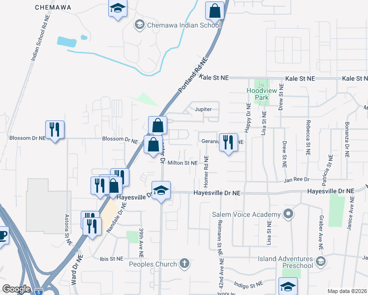 map of restaurants, bars, coffee shops, grocery stores, and more near 4792 Lancaster Drive Northeast in Salem