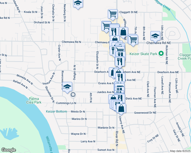 map of restaurants, bars, coffee shops, grocery stores, and more near 4725 Elizabeth Street North in Keizer