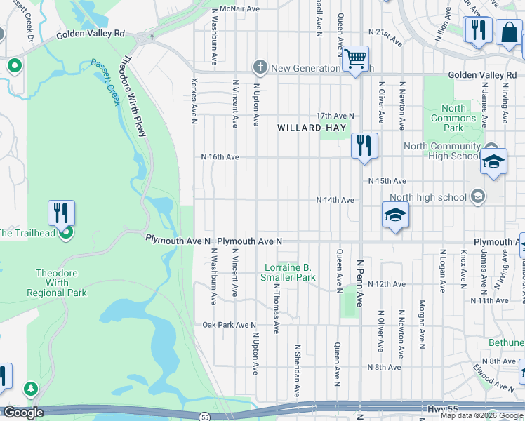 map of restaurants, bars, coffee shops, grocery stores, and more near 1329 North Upton Avenue in Minneapolis