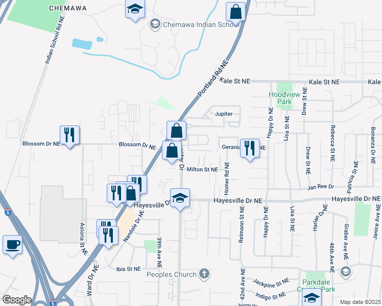 map of restaurants, bars, coffee shops, grocery stores, and more near 4792 Lancaster Drive Northeast in Salem