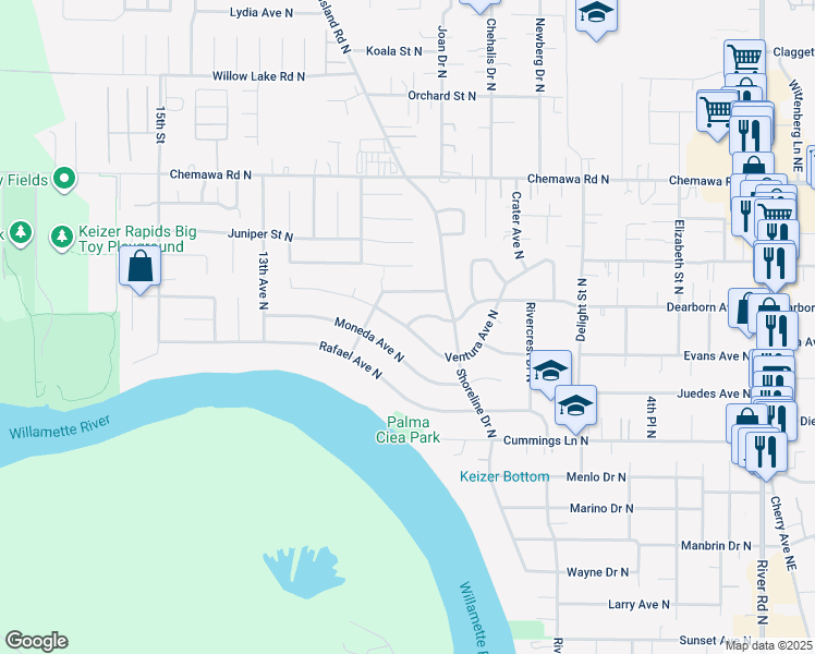 map of restaurants, bars, coffee shops, grocery stores, and more near 998 Dearborn Avenue North in Keizer