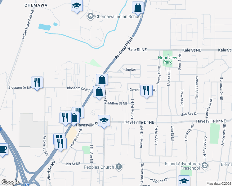 map of restaurants, bars, coffee shops, grocery stores, and more near 4059 Milton Street Northeast in Salem