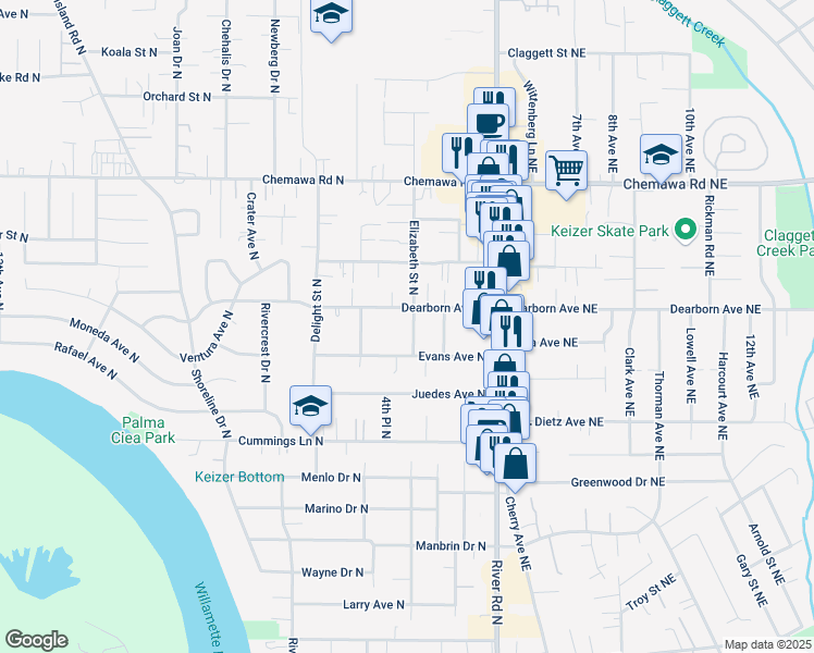 map of restaurants, bars, coffee shops, grocery stores, and more near 4725 Elizabeth Street North in Keizer