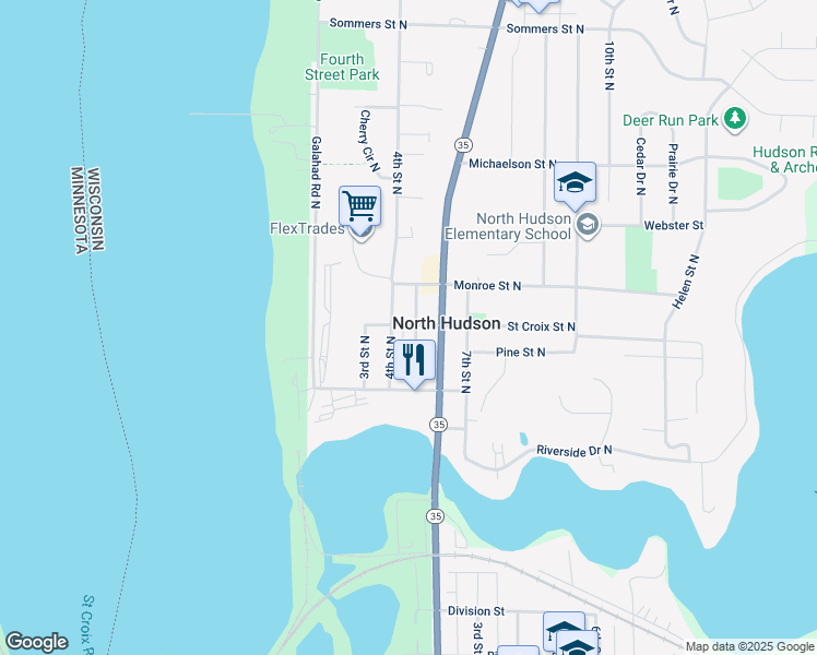 map of restaurants, bars, coffee shops, grocery stores, and more near 333 5th Street North in Hudson