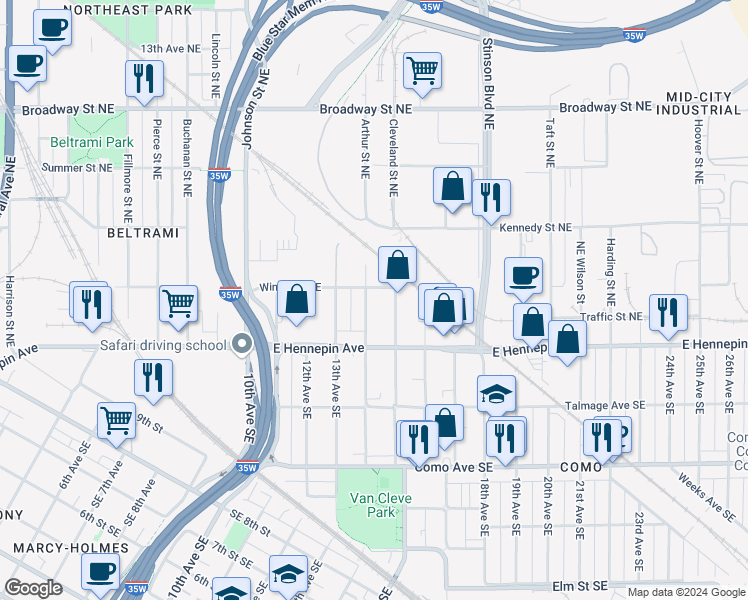 map of restaurants, bars, coffee shops, grocery stores, and more near 1155 15th Avenue Southeast in Minneapolis