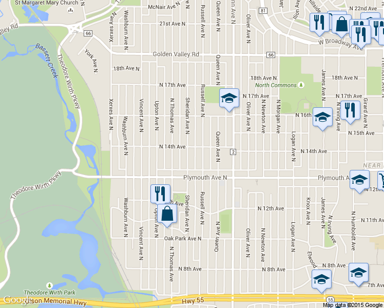 map of restaurants, bars, coffee shops, grocery stores, and more near 1328 North Sheridan Avenue in Minneapolis