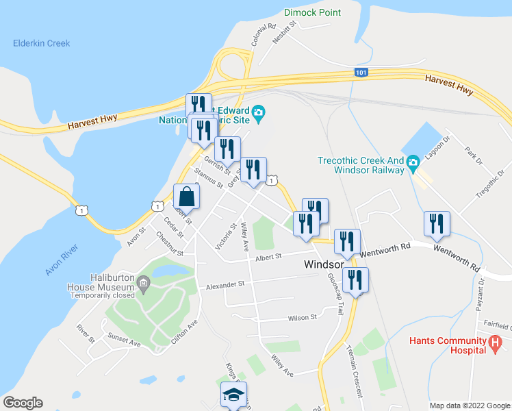 map of restaurants, bars, coffee shops, grocery stores, and more near 245 Stannus Street in Windsor