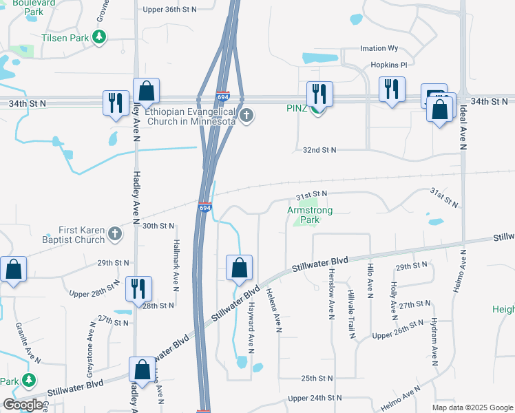 map of restaurants, bars, coffee shops, grocery stores, and more near 7393 31st Street North in Oakdale
