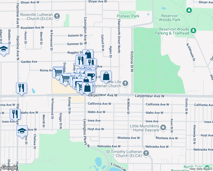 map of restaurants, bars, coffee shops, grocery stores, and more near 1021 Larpenteur Avenue West in Roseville