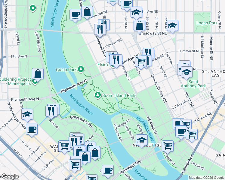 map of restaurants, bars, coffee shops, grocery stores, and more near 501 Ramsey Street Northeast in Minneapolis
