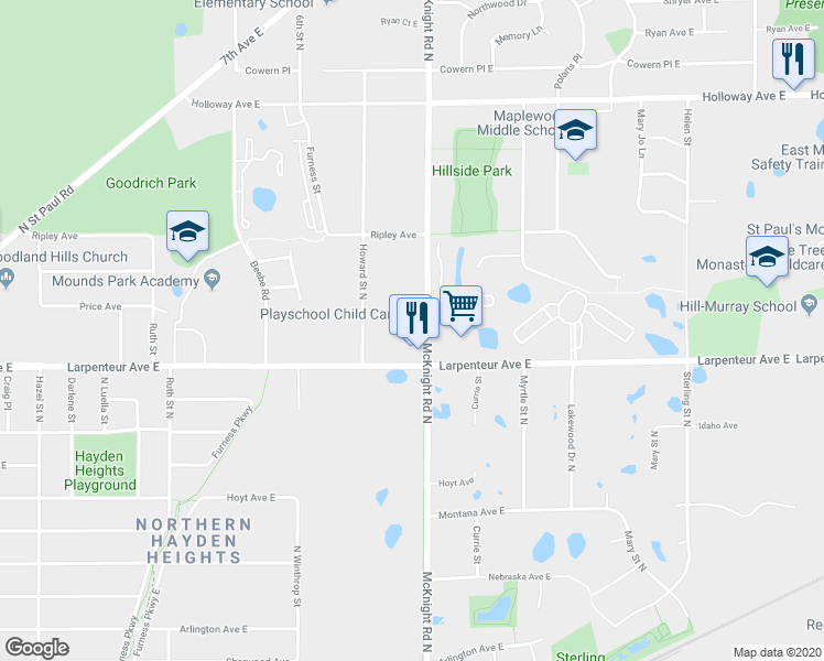 map of restaurants, bars, coffee shops, grocery stores, and more near 1709 McKnight Road North in Maplewood