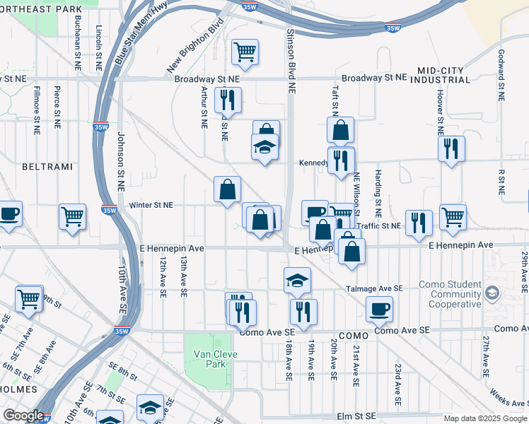 map of restaurants, bars, coffee shops, grocery stores, and more near 332 Northeast Stinson Boulevard in Minneapolis