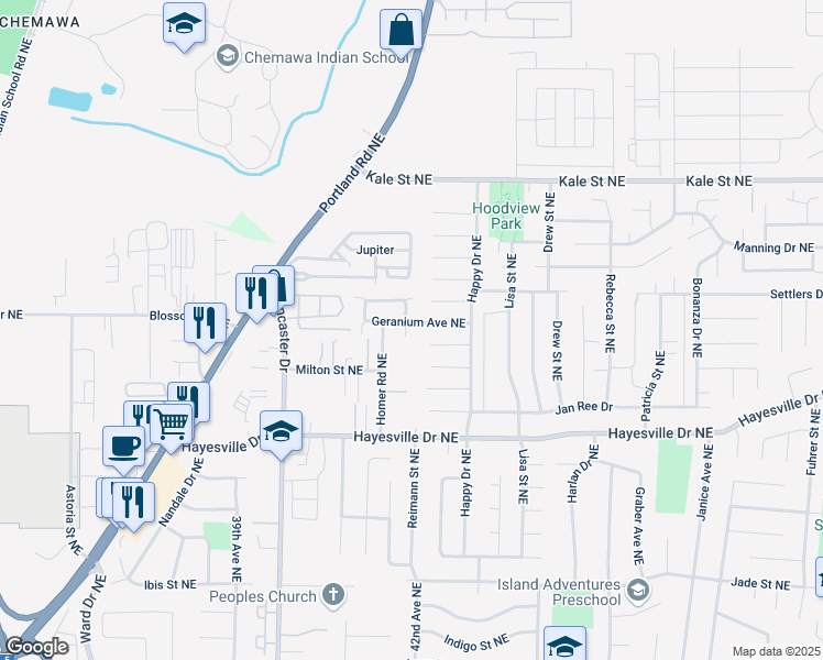 map of restaurants, bars, coffee shops, grocery stores, and more near 4228 Oriole Court Northeast in Salem