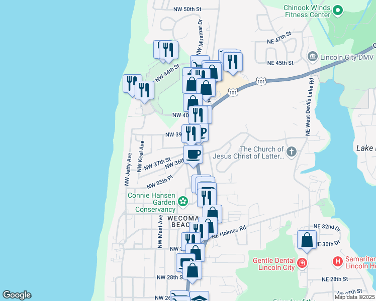map of restaurants, bars, coffee shops, grocery stores, and more near 2110 Northeast 36th Drive in Lincoln City