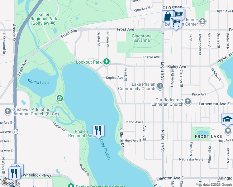 map of restaurants, bars, coffee shops, grocery stores, and more near 1692 East Shore Drive in Saint Paul