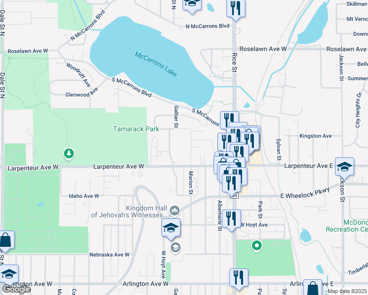 map of restaurants, bars, coffee shops, grocery stores, and more near 1700 Galtier Street in Roseville