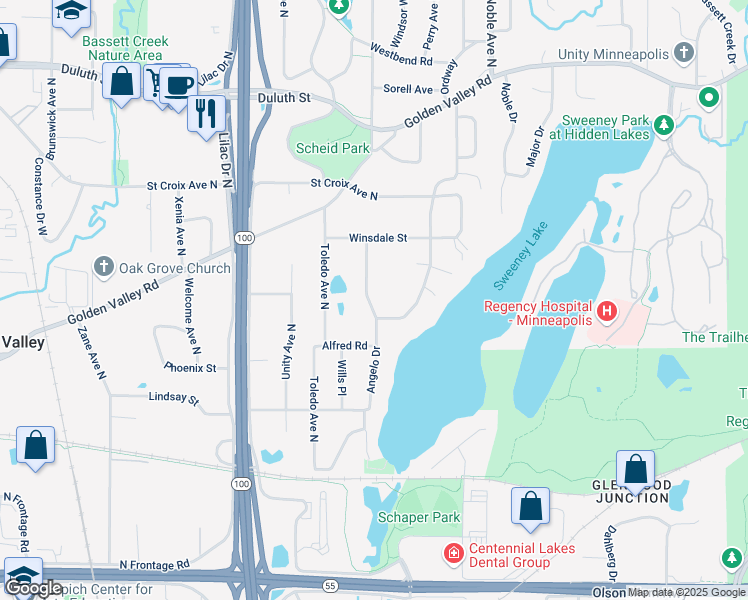 map of restaurants, bars, coffee shops, grocery stores, and more near 1330 Angelo Drive in Minneapolis