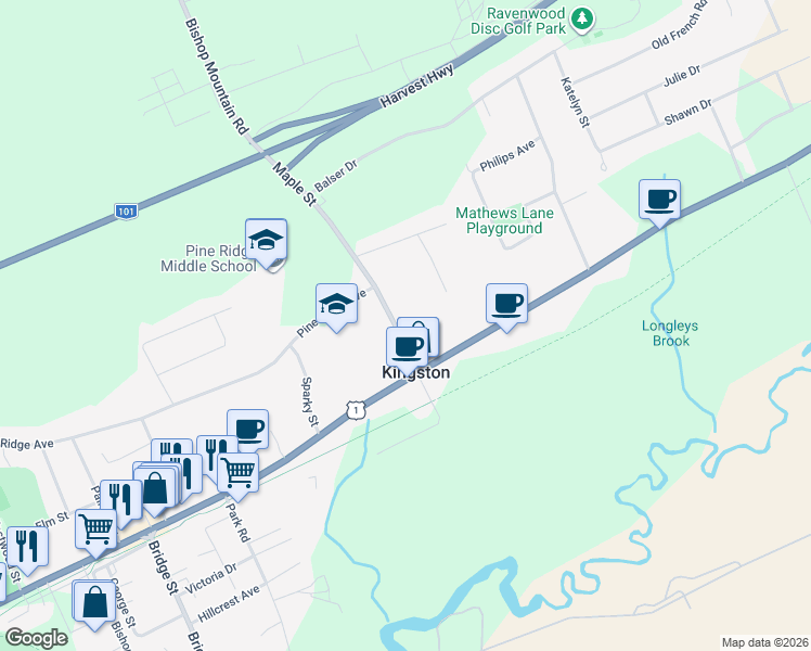 map of restaurants, bars, coffee shops, grocery stores, and more near 1590 Maple Street in Kingston