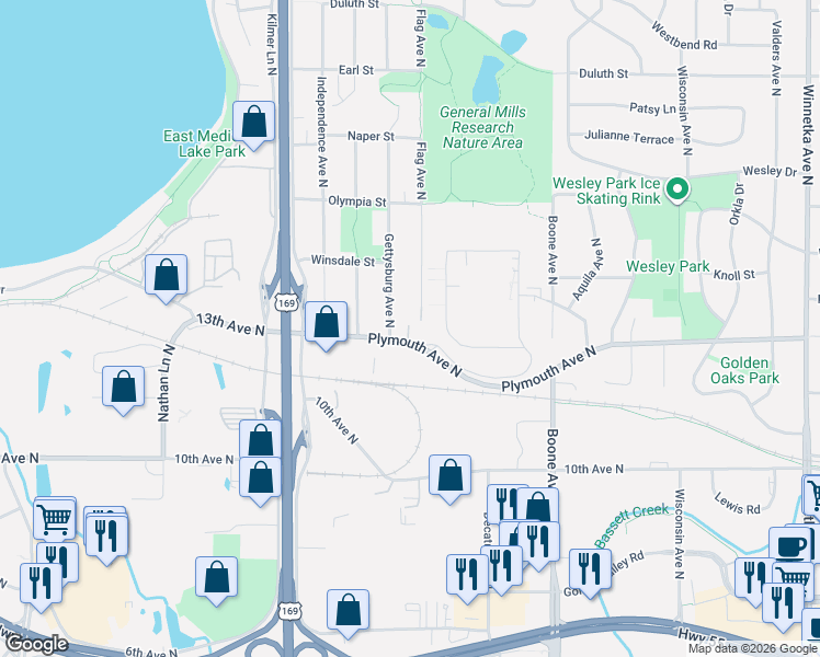 map of restaurants, bars, coffee shops, grocery stores, and more near 9122 Plymouth Avenue North in Golden Valley