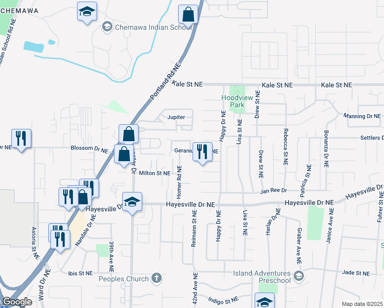 map of restaurants, bars, coffee shops, grocery stores, and more near 4228 Oriole Court Northeast in Salem