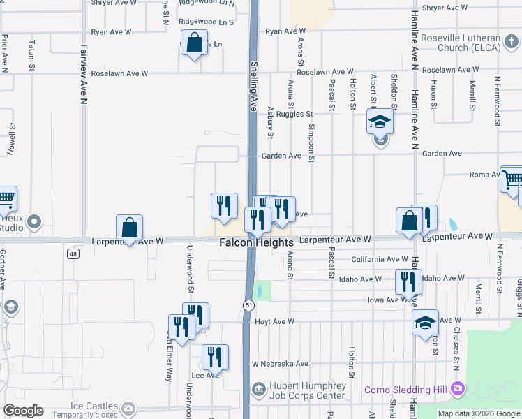 map of restaurants, bars, coffee shops, grocery stores, and more near 1701 North Snelling Drive in Falcon Heights