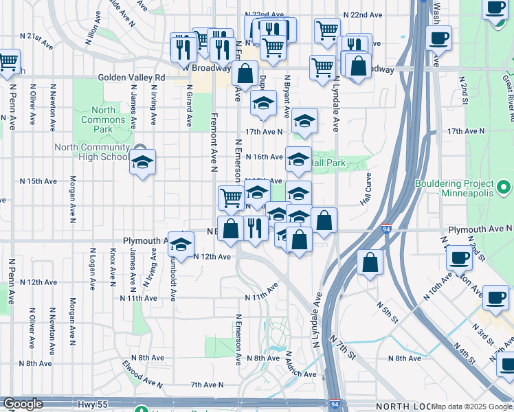 map of restaurants, bars, coffee shops, grocery stores, and more near 1007 North 14th Avenue in Minneapolis