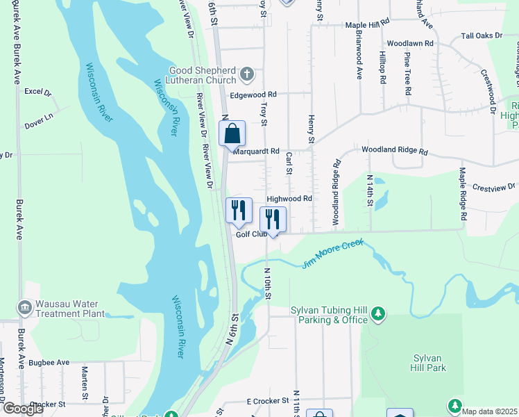 map of restaurants, bars, coffee shops, grocery stores, and more near 3716 Troy Street in Wausau