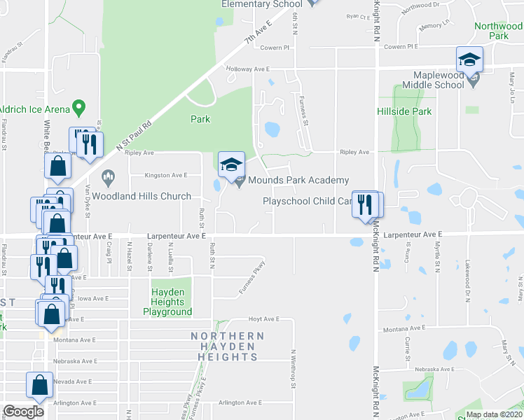 map of restaurants, bars, coffee shops, grocery stores, and more near 2095 Larpenteur Avenue East in Maplewood