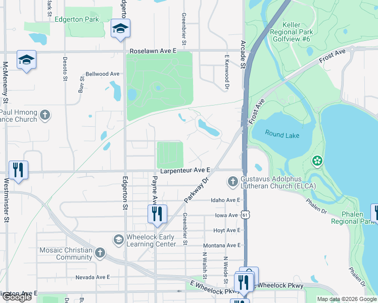 map of restaurants, bars, coffee shops, grocery stores, and more near 717 Larpenteur Avenue East in Maplewood
