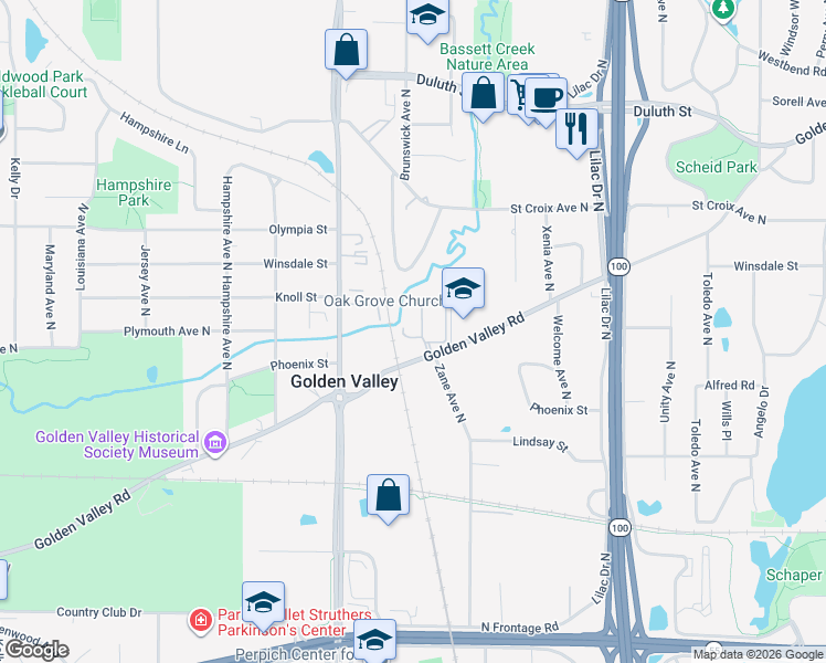 map of restaurants, bars, coffee shops, grocery stores, and more near 6000 Golden Valley Road in Golden Valley