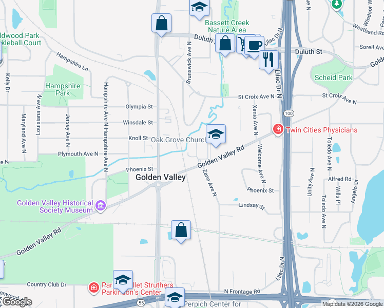 map of restaurants, bars, coffee shops, grocery stores, and more near 6000 Golden Valley Road in Golden Valley