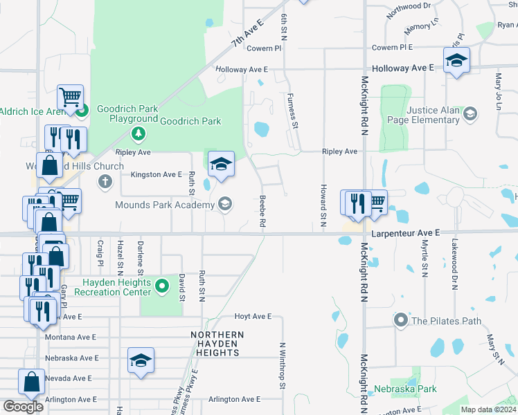 map of restaurants, bars, coffee shops, grocery stores, and more near 1711 Beebe Road in Saint Paul