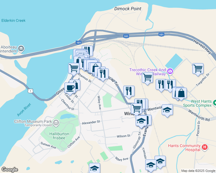 map of restaurants, bars, coffee shops, grocery stores, and more near 260 Gerrish Street in Windsor
