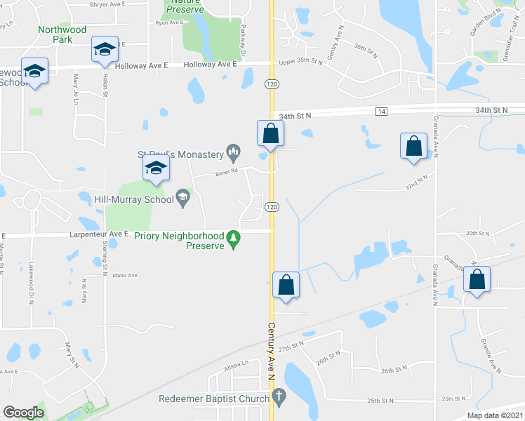 map of restaurants, bars, coffee shops, grocery stores, and more near 2800 Rustic Court in Maplewood