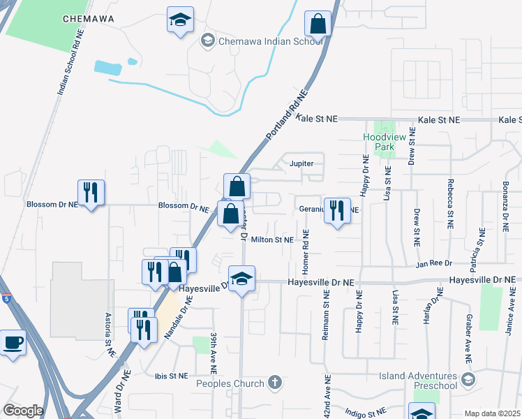 map of restaurants, bars, coffee shops, grocery stores, and more near 4059 Milton Street Northeast in Salem