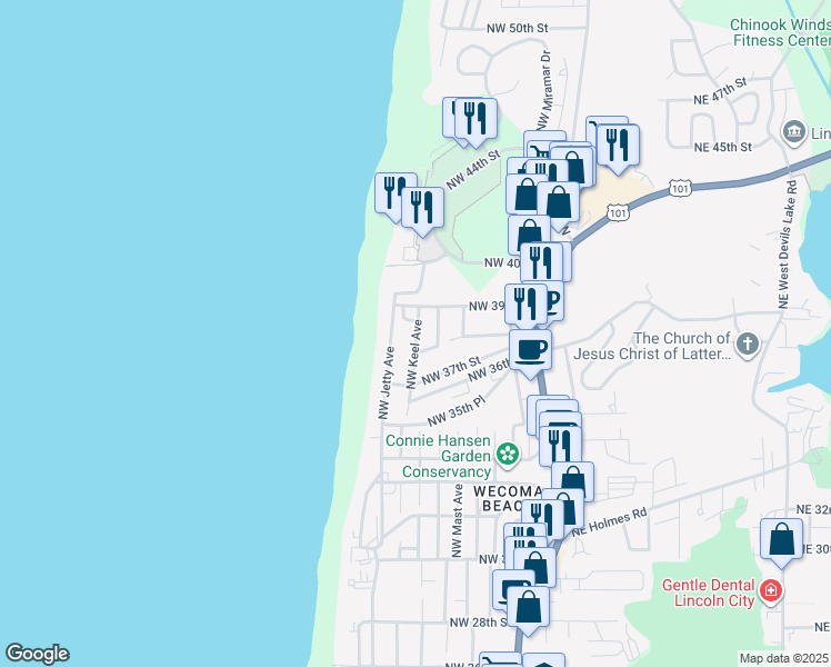 map of restaurants, bars, coffee shops, grocery stores, and more near 3746 Northwest Keel Avenue in Lincoln City