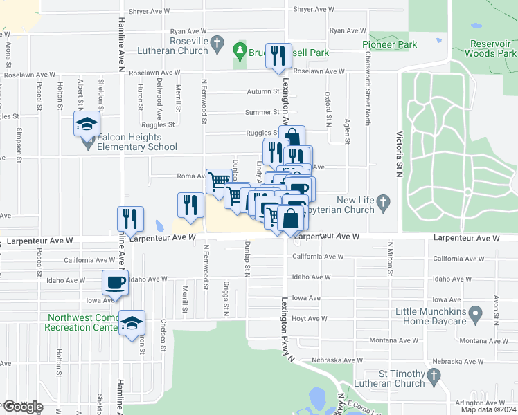 map of restaurants, bars, coffee shops, grocery stores, and more near 1145 Larpenteur Avenue West in Roseville