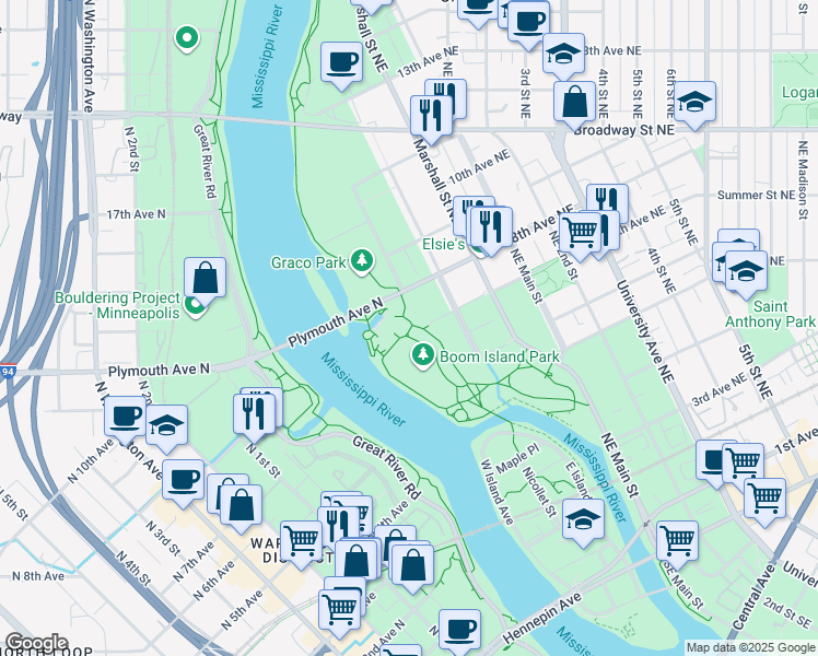 map of restaurants, bars, coffee shops, grocery stores, and more near 724 Sibley Street Northeast in Minneapolis