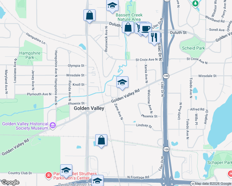 map of restaurants, bars, coffee shops, grocery stores, and more near 6000 Golden Valley Road in Golden Valley