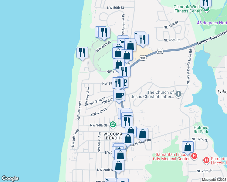 map of restaurants, bars, coffee shops, grocery stores, and more near 1925 Northwest 38th Street in Lincoln City