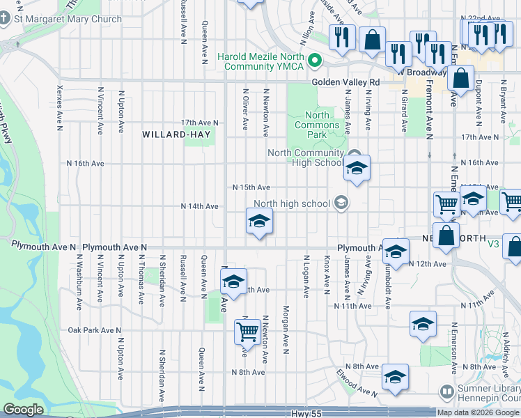 map of restaurants, bars, coffee shops, grocery stores, and more near 1329 North Newton Avenue in Minneapolis