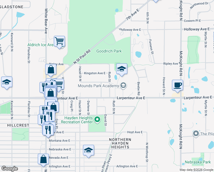 map of restaurants, bars, coffee shops, grocery stores, and more near 1694 Stanich Place in Saint Paul