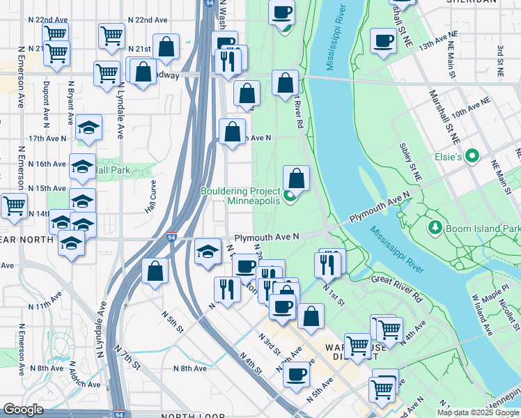 map of restaurants, bars, coffee shops, grocery stores, and more near 1400 North 2nd Street in Minneapolis