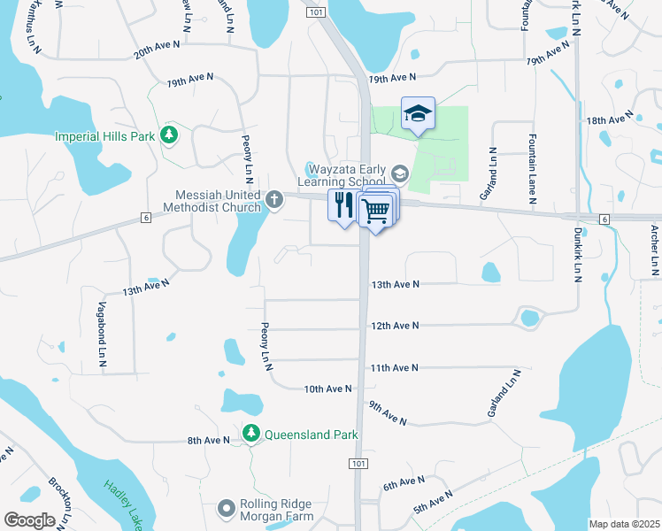 map of restaurants, bars, coffee shops, grocery stores, and more near 17600 14th Avenue North in Plymouth