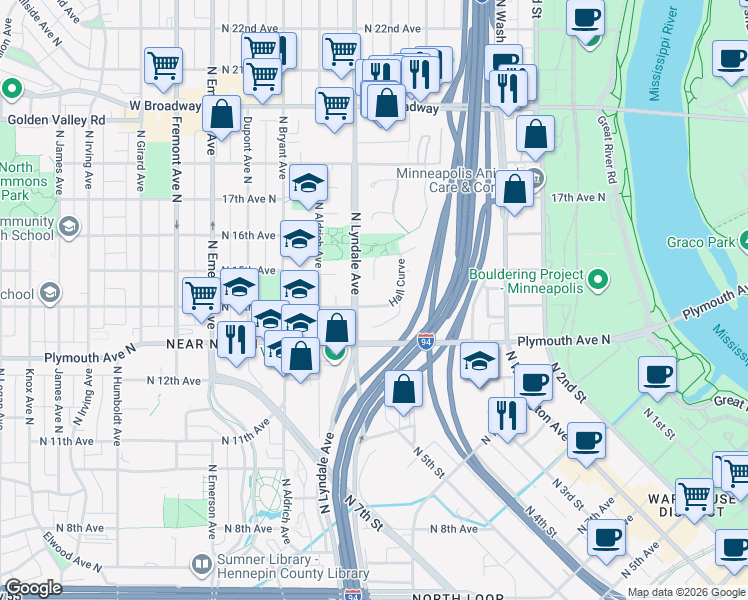 map of restaurants, bars, coffee shops, grocery stores, and more near 1425 Hall Curve in Minneapolis