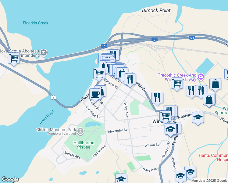 map of restaurants, bars, coffee shops, grocery stores, and more near 142 Gray Street in Windsor