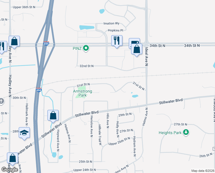map of restaurants, bars, coffee shops, grocery stores, and more near 7610 31st Street North in Oakdale