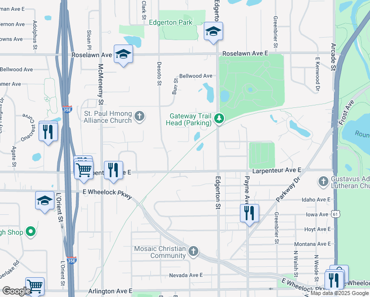 map of restaurants, bars, coffee shops, grocery stores, and more near 499 Kingston Avenue East in Saint Paul